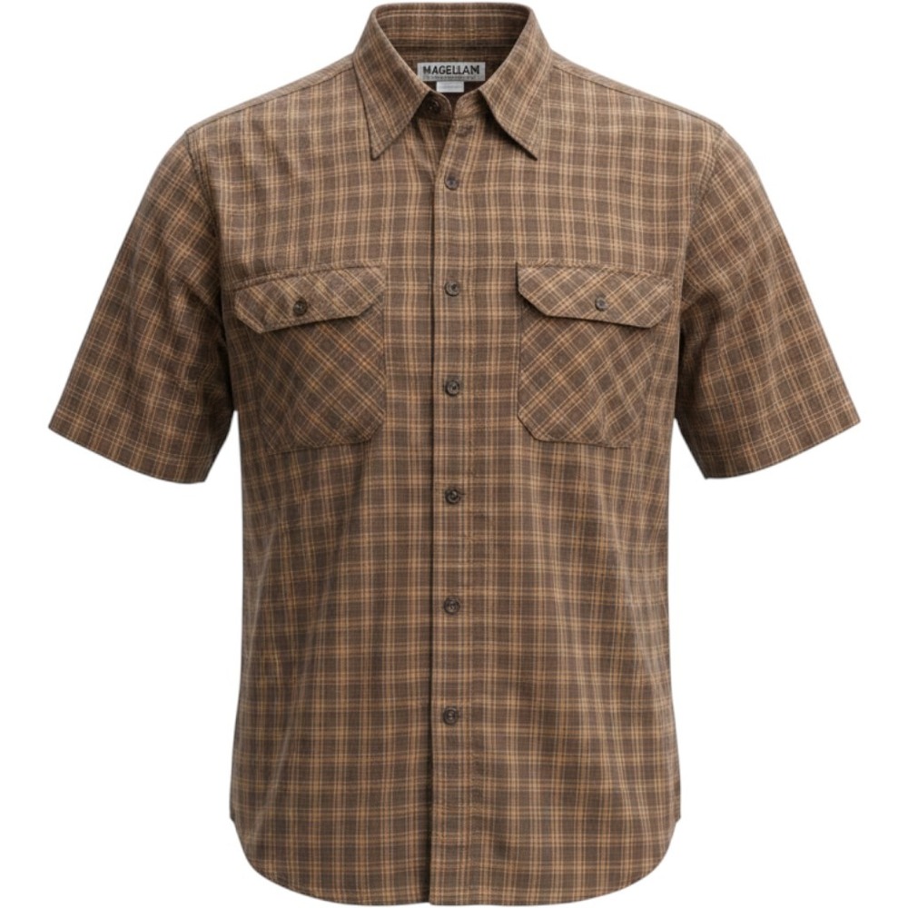 Magellan Sportswear Mens XL Brown Plaid Short Sleeve Button Down Shirt Cotton